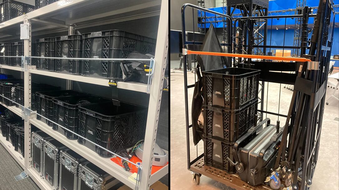 整理後の照明機材倉庫:カゴ台車に機材が集約され、すぐに現場へ持ち出せる状態になっている