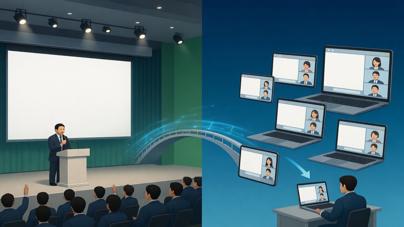 ハイブリッドイベントにおける会場とオンラインの融合を描いたイラスト。左側のリアル会場ステージでは登壇者がプレゼンし、観客が参加している。そこから架かる光のブリッジが、右側のオンライン参加者のPC画面群（リアルタイムのリアクションが表示されたビデオ会議画面）へと繋がっている。オンラインの熱量を会場へ伝えるシステムを表している。